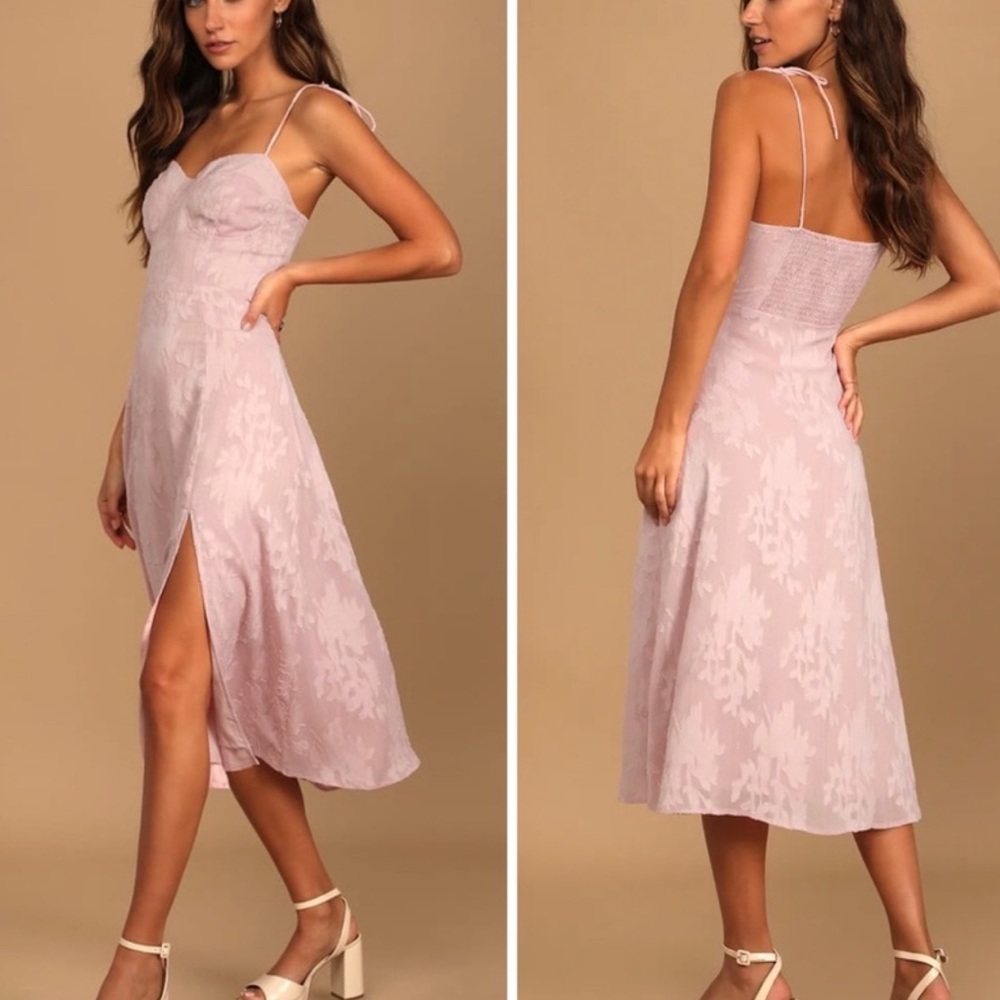 Lulus Loveliest Looks Blush Pink Floral‎ Jacquard Tie-Strap Midi Dress Large NEW